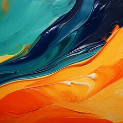 立体的な油絵・抽象背景正方形バナー）ウェットなオレンジ・青緑・紺色のカーブ