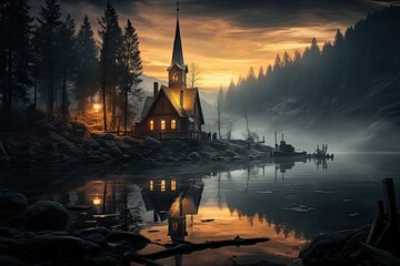 Obraz premium Sweden Landscape. Serene Sunset at Lakeside Church Amidst Misty Forest.