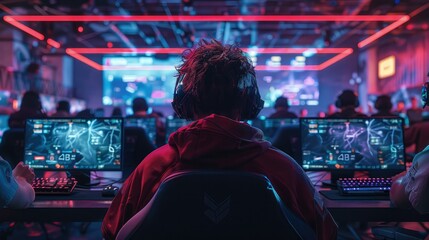 High-stakes esports tournament, team coordination and competition, vivid screens and focused gamers. Generative AI.