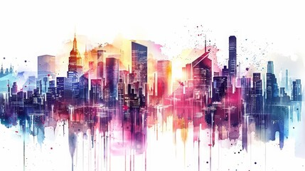 A creative futuristic charismatic watercolor painting capturing the brilliance of an ultramodern cityscape, hitech ultrafashionable clipart isolated on white background