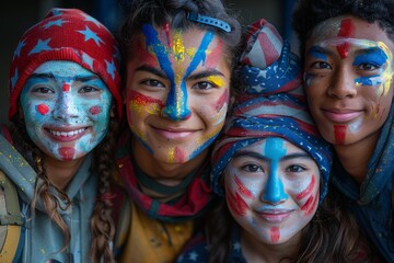 Obraz premium Four young girls wearing patriotic face paint and accessories in red, blue, and stars