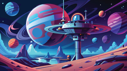 Futuristic space station on an alien planet, vector cartoon illustration.