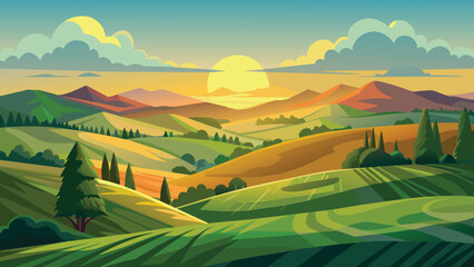 Pastoral sunrise landscape with rolling hills and trees, vector cartoon illustration.