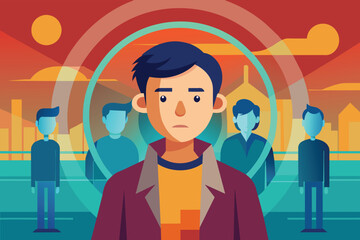 Young man experiencing social isolation in an urban setting, vector cartoon illustration.