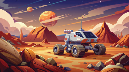 Mars rover exploration on a Martian landscape, vector cartoon illustration.