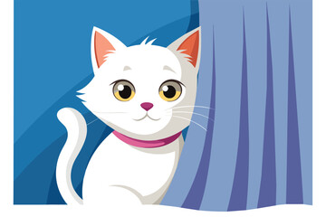 Curious white kitten peeking from behind a curtain, vector cartoon illustration.