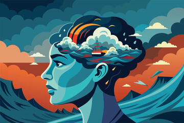 Female profile with vivid storm and serene sea inside, vector cartoon illustration. A depiction of contrasting emotional states.