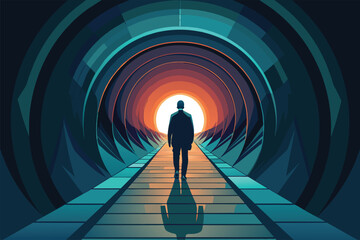 Solitary figure standing at the end of a vibrant tunnel, vector cartoon illustration.