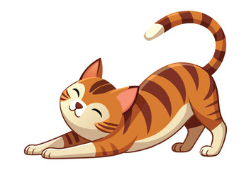 Happy striped cat stretching in a cozy pose, vector cartoon illustration.