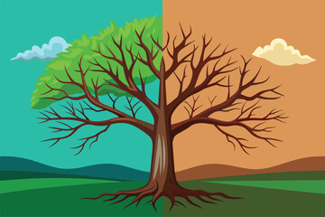 Half lush, barren tree, vector cartoon illustration. Duality of nature.