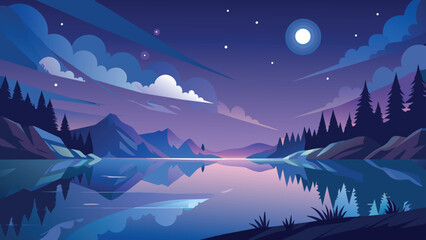 Tranquil night mountain scene with moon reflection on lake, vector cartoon illustration.