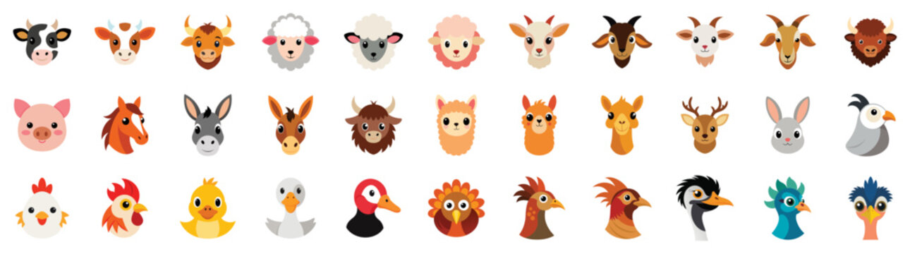 Collection of Cute Farm and domestic Animals heads Icons, vector flat cartoon illustration - cow, chicken, duck, goat, sheep, horse, pig, dog, cat, bee, llama, donkey.