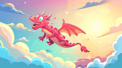Air dragon scene in the sky with fluffy cloudscape background. Abstract white sunny illustration with pink cute fairytale dinosaur character and fluffy cloudscape backdrop.