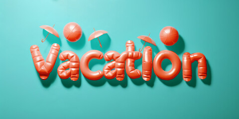 Summer vacation concept - vacation spelled with floats, solid color background