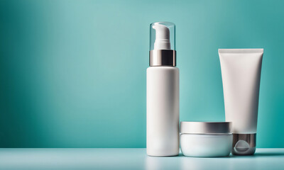 Cream tube, cosmetic bottle Open bottle with cream and flowers on a pastel blue background.