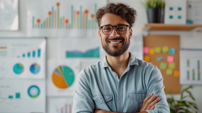 Latino or hispanic person data analyst standing in front of whiteboard with graphs and charts explaining business strategy