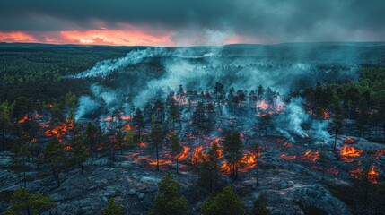 Firefighting aircraft drops water on burning trees in the forest. Bright colors.