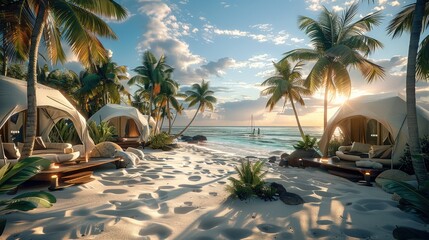 Luxury hexagonal style glamping, on a beach with many palm trees, water, sand and sun. Generative AI.