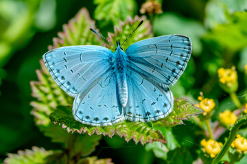 Beautiful blue copper butterfly rests among the foliage of a garden