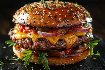 Close-up of a delicious double cheeseburger with melted cheese and various fresh toppings, creating a mouthwatering visual
