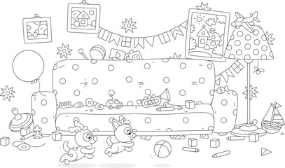Nursery room with a sofa and a lot of toys scattered in mess after a merry game and romp of a funny little puppy and kitten running and jumping with a ball, black and white vector cartoon illustration