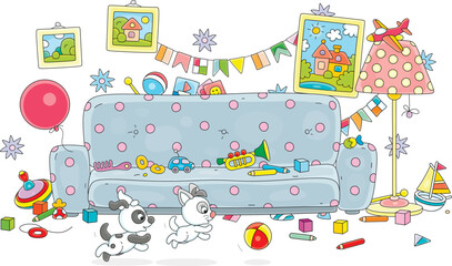 Nursery room with a sofa and colorful toys scattered in mess after a merry game and romp of a funny little puppy and kitten running and jumping with a ball, vector cartoon illustration on white
