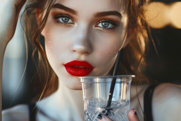 Close-up of woman holding fresh ice tea drink. Beautiful simple AI generated image in 4K, unique.