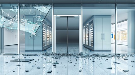 An entrance with broken glass that leads to a museum or store. A transparent closed large door and showcase with holes and cracks. A rendering of a realistic front entry building with windows going