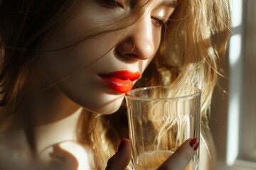Close-up of woman holding fresh ice tea drink. Beautiful simple AI generated image in 4K, unique.