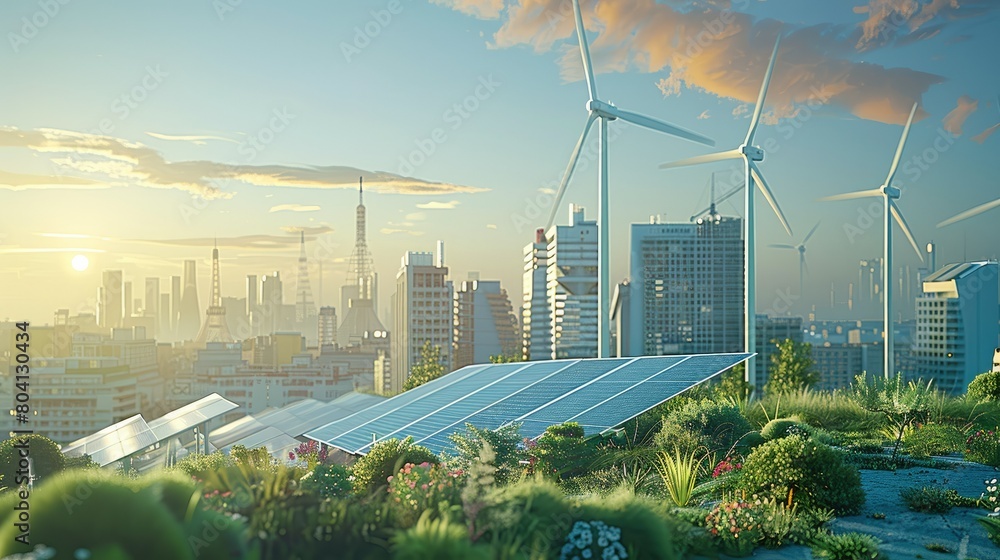 Aufkleber wind turbines elegantly integrated into the city architecture, solar panels covering the rooftops of