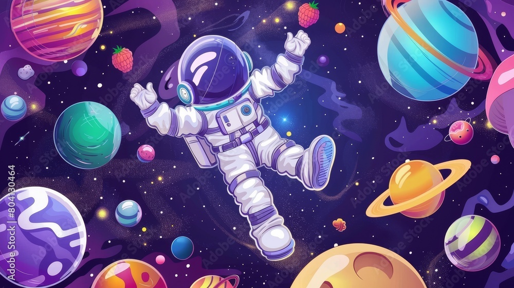 Poster a kid astronaut floating in cosmo candy land in spacesuit and helmet holding raspberry in fantasy sp