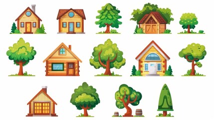 This set of wood cabin clipart illustrates a summer forest house on a white background. Wooden cottage building with a door, a lodge, a window, and a roof.
