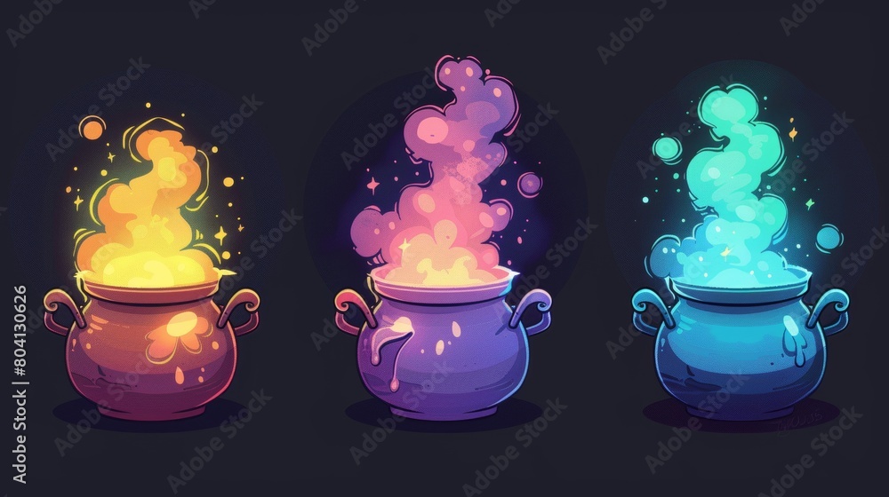Poster a witch or wizard's cauldron explosion and smoke sequence. an animated sprite sheet of magic potion 