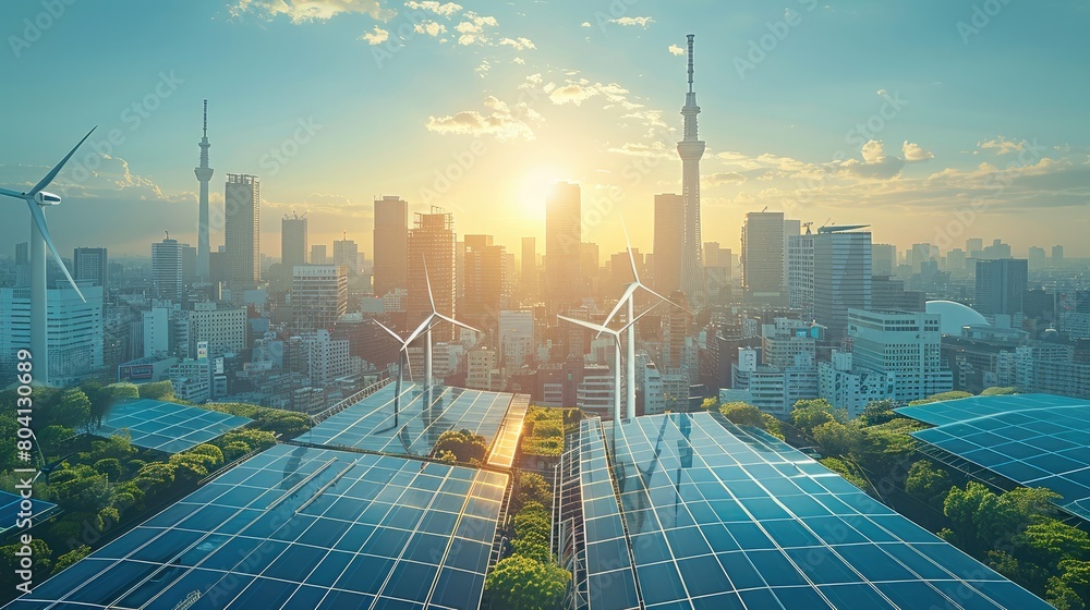 Poster wind turbines elegantly integrated into the city architecture, solar panels covering the rooftops of