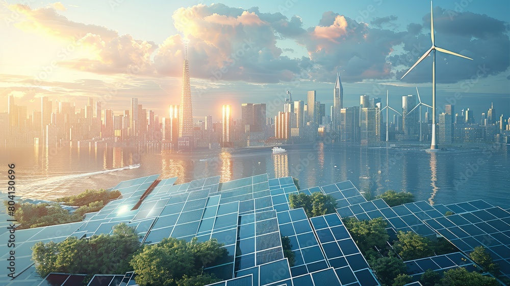 Aufkleber Wind turbines elegantly integrated into the city architecture, solar panels covering the rooftops of buildings, and public spaces powered by renewable energy sources. Generative AI.
