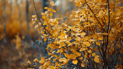 Naklejka na ściany i meble Bush with yellow leaves in autumn forest closeup
