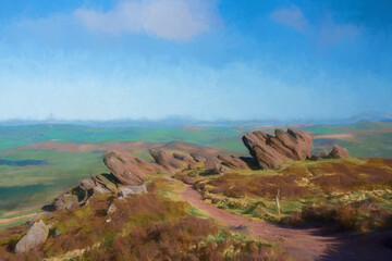 Digital oil painting of sunrise in the Staffordshire Peak District National Park.