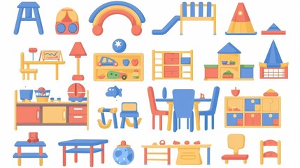 Playroom and classroom furniture ui icon for daycare playschool. 2d playschool drawing for toddlers. Nursery or classroom element collection.
