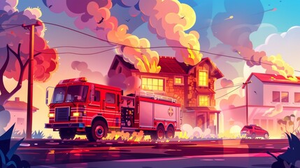A fire truck arrives to extinguish a burning building in a city. Illustration of a countryside with a house in flames and covered in smoke, a red car with firefighters responding to an emergency. - obrazy, fototapety, plakaty