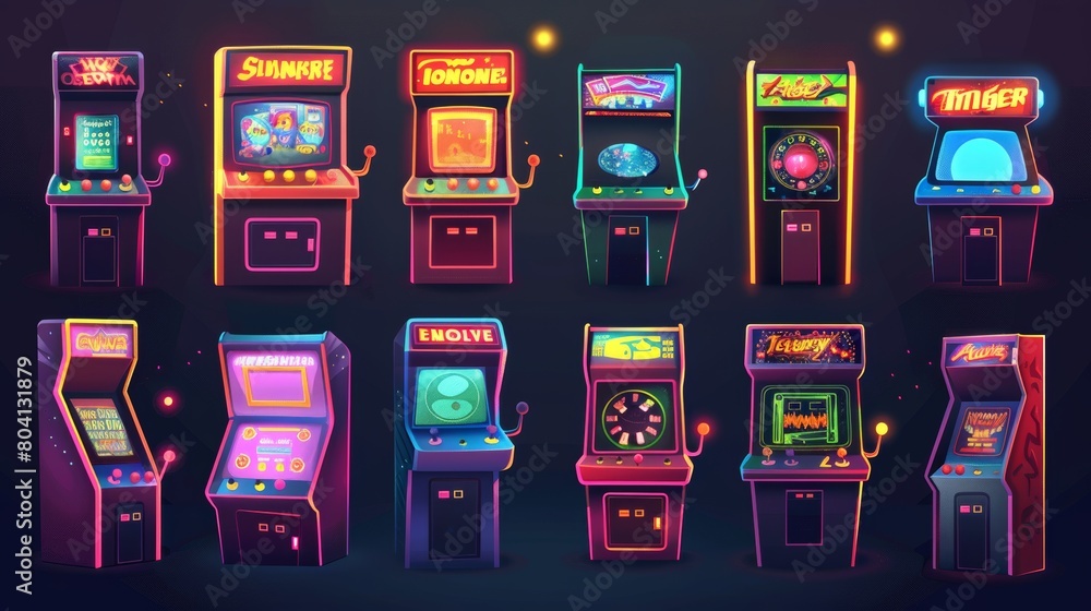 Poster isolated arcade game machines on black background. retro computer gaming cabinet with buttons, joyst