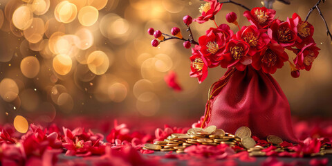 A red flower bag with gold coins sits on a table against a golden background for Chinese New Year, accompanied by red flowers in a vase with studio lighting.