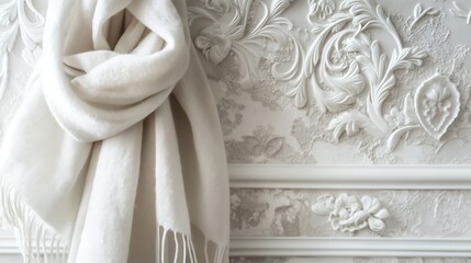 A luxurious, white cashmere scarf, its fabric soft and inviting, draped gracefully against a fancy.