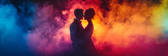 Naklejka premium A silhouette of a couple dancing in colorful smoke is seen, creating a romantic photoshoot with colorful neon lights and cinematic, atmospheric lighting.