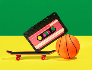 Creative still life with audio tape, skateboard and basketball ball on green and yellow background.