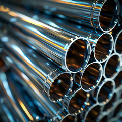 A close-up view shows stainless steel pipes stacked together.