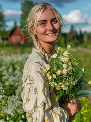 Sustainable summer fashion photoshoot in Sweden. A young Scandinavian woman showcases a flowy, eco-friendly outfit amidst a beautiful summer scene.