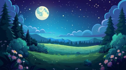 This is a cartoon illustration of a forest, meadow, and clouds at midnight under the fool moon light. It represents natural dark scenery with pine trees and grass on the ground and a starry sky with