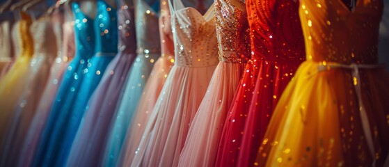 A rack displays colorful prom dresses in various styles, set against a light bokeh background with a shallow depth of field.