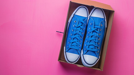 Cardboard box with blue sneakers on pink background