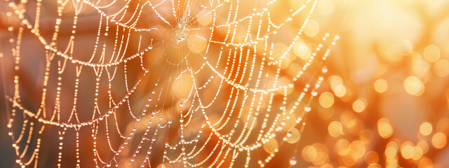 Beautiful summer spiderweb with dew drops and light